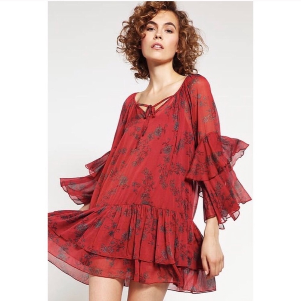 Free People Sunsetter Red Peasant Dress